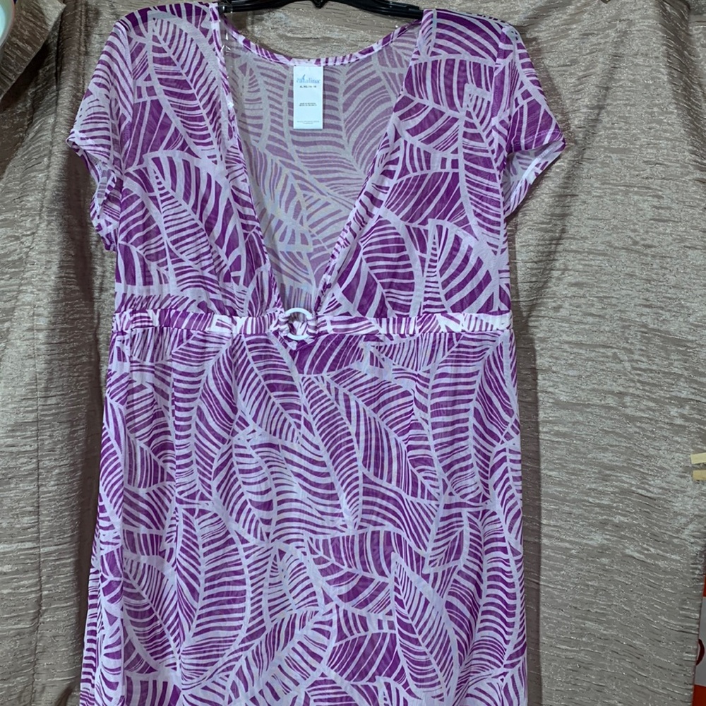 Catalina Top Swim Suit Cover White Purple XL  16/18 Bathing Suit Cover